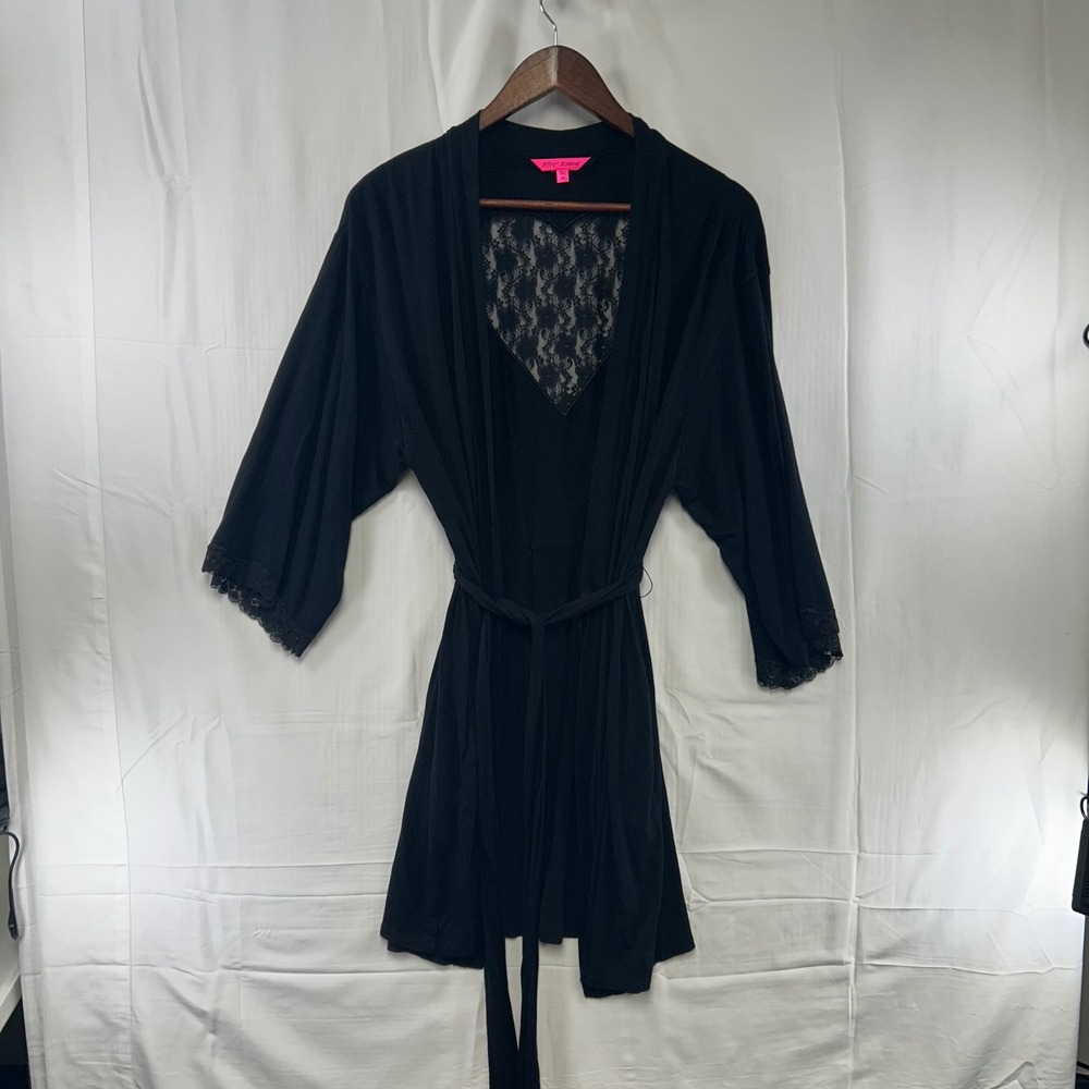 Betsey Johnson Robe Womens Medium Black Heart Lace Back Knit Wrap Loungewear